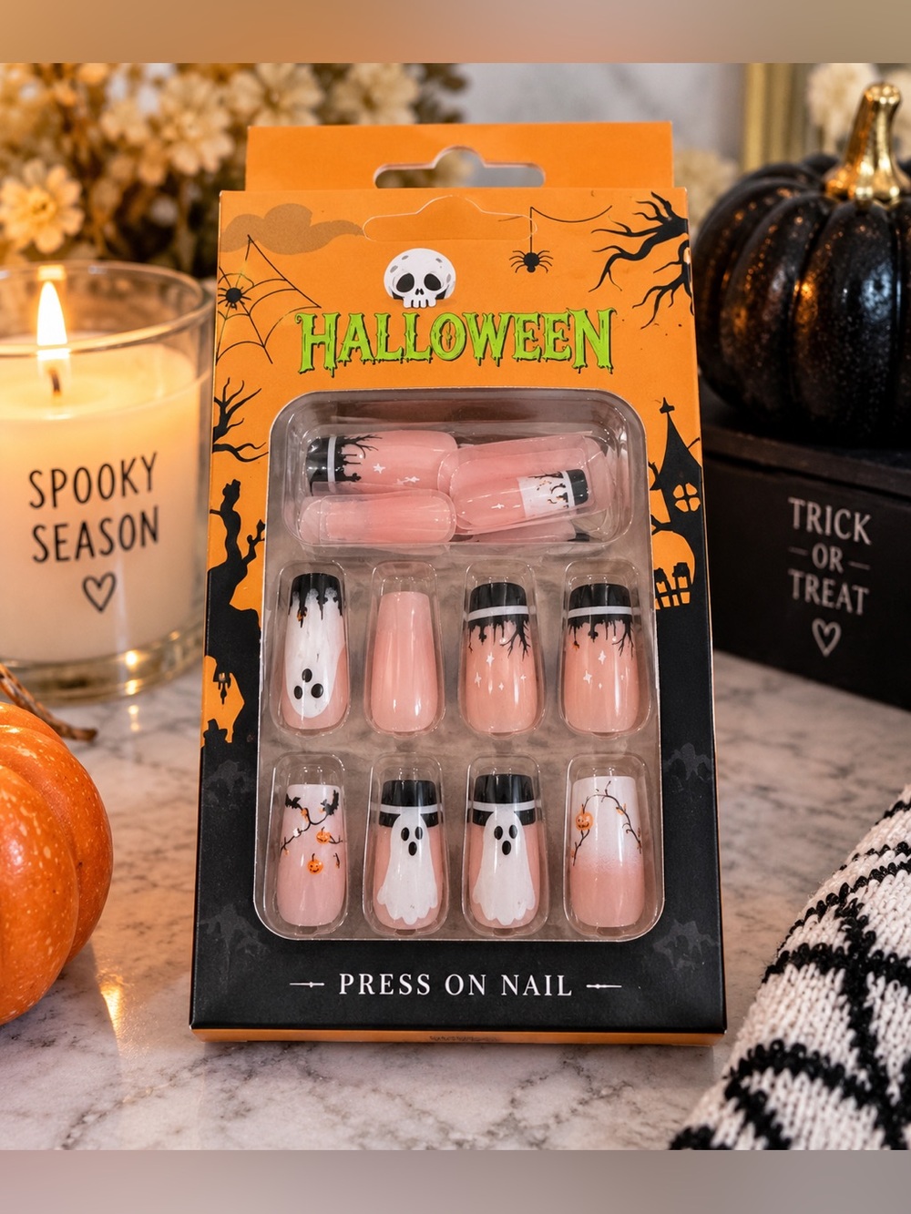 Halloween Press On Nails Pink Ghost Pumpkin Drip Spooky Nail Art Set